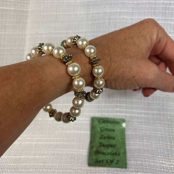 New Skyline Collection Set of 2 Bracelets Genuine Green Zebra Jasper Bracelets - Picture 1 of 5